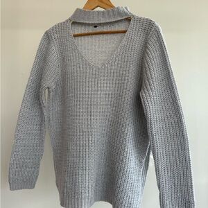 She + Sky Light Gray V-Neck Chunky Knit Sweater